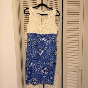 London Times Cream and Blue Ruffle-Trim Midi Dress